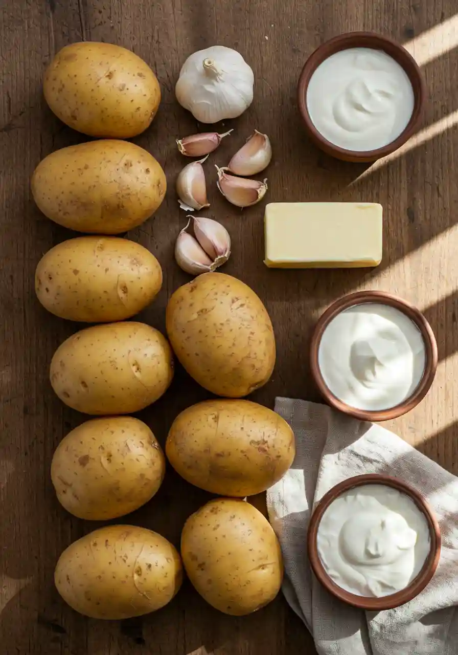 Mashed Potatoes Recipe Ingredients Flatlay Potatoes, butter, garlic, sour cream, and cream arranged neatly on a wooden table