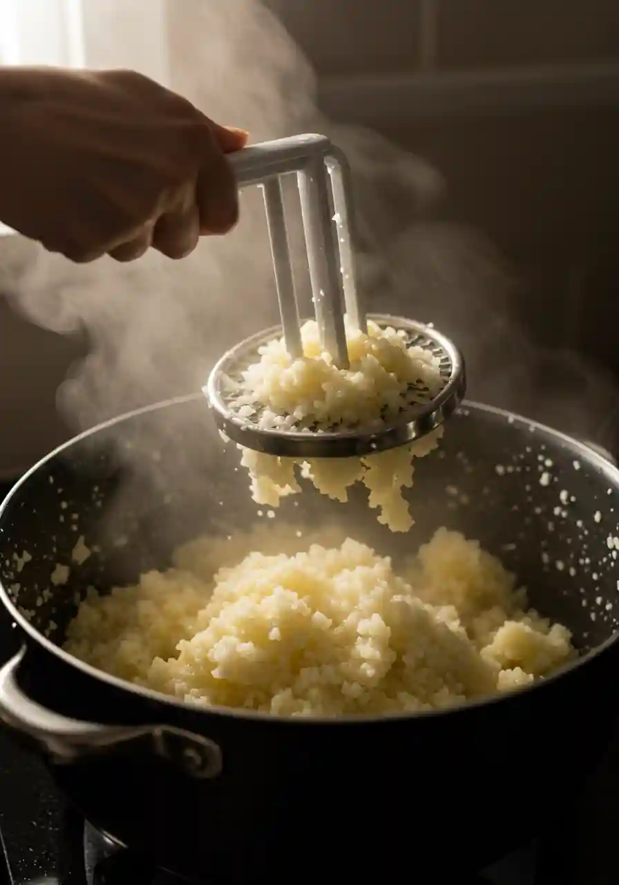 Mashed Potatoes Recipe Step - Ricing Potatoes Steaming hot potatoes being pressed through a ricer into a pot