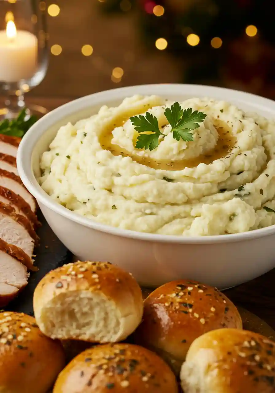 Mashed Potatoes Recipe for Holidays and Family Meals Mashed potatoes served in a large bowl with parsley garnish, next to turkey and bread rolls