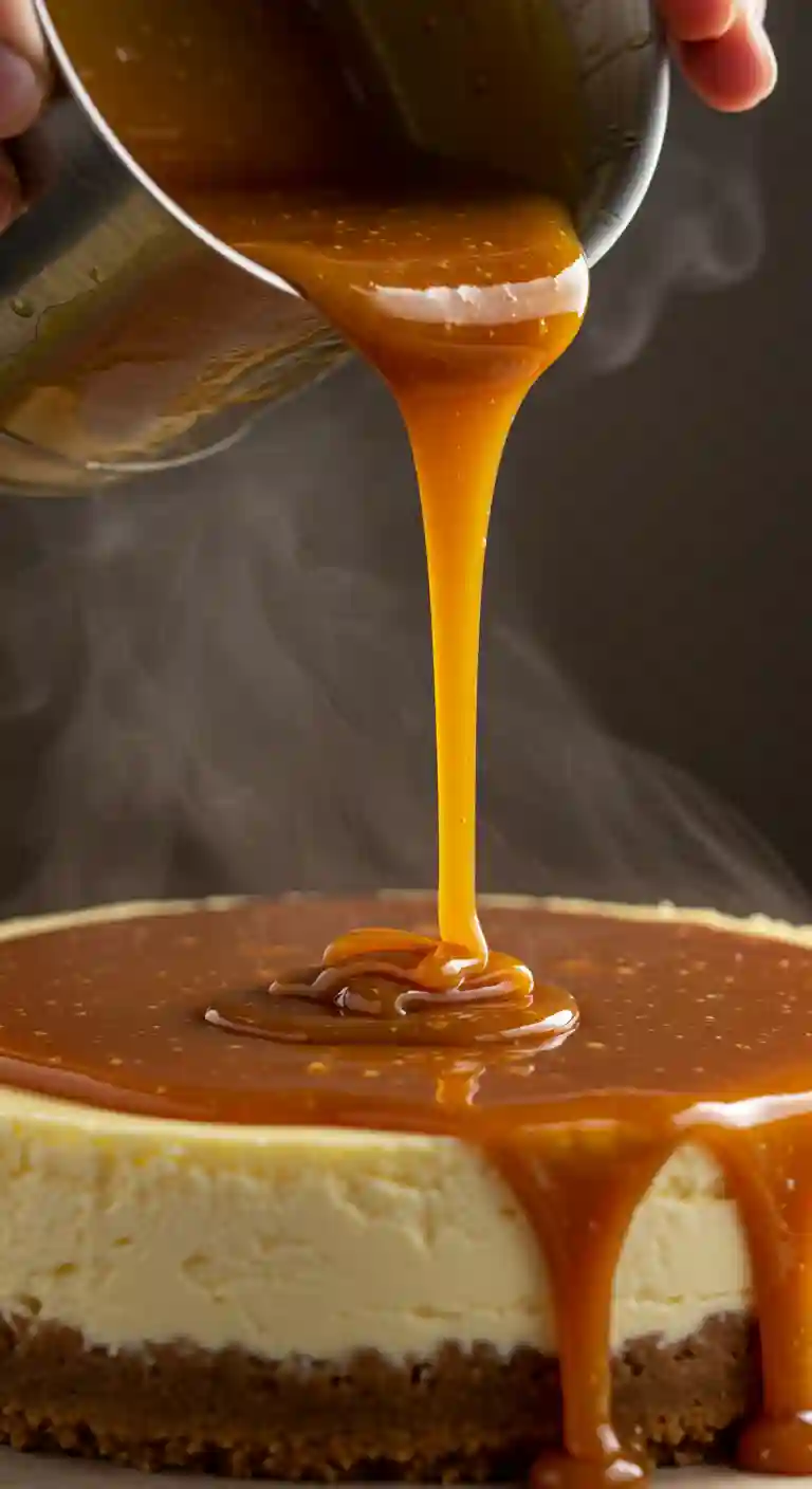 Pouring Caramel on Cheesecake Hands pouring golden caramel sauce over a baked apple cheesecake.