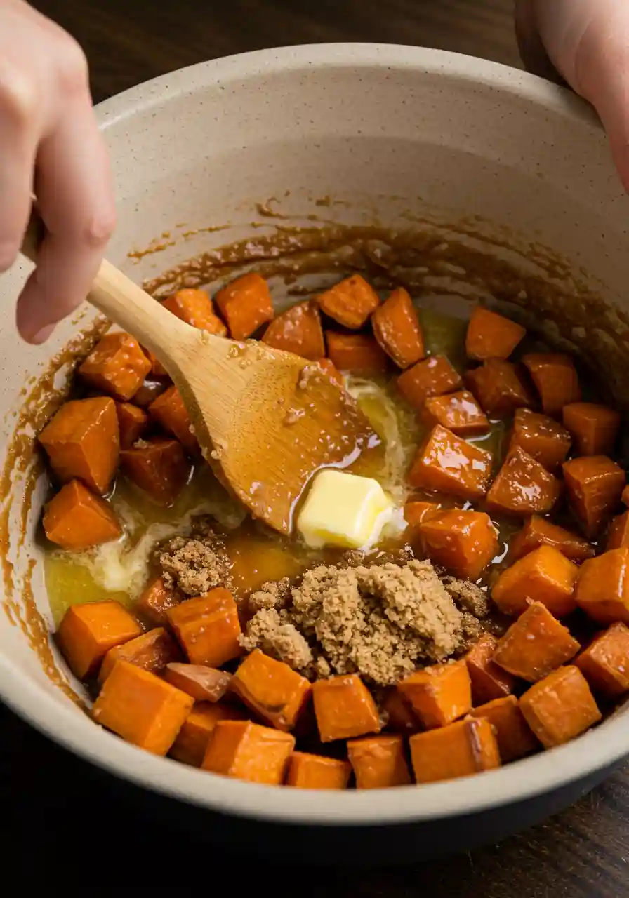 Preparing Southern Maple Sweet Potato Casserole A hand stirring roasted sweet potatoes with maple syrup, brown sugar, and butter in a ceramic bowl.