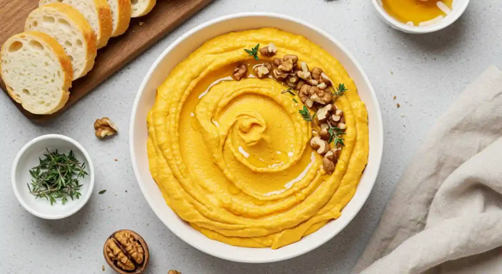 Pumpkin whipped feta dip in bowl with walnuts and thyme