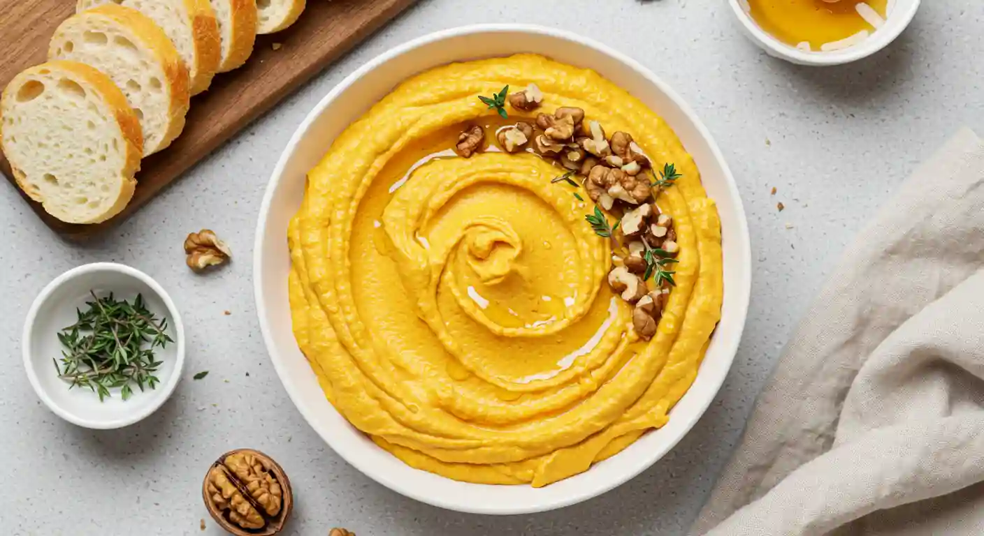 Pumpkin whipped feta dip in bowl with walnuts and thyme