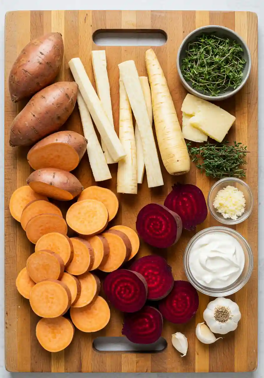 Root Vegetable Gratin Ingredients Flatlay of sliced sweet potatoes, parsnips, beets, Parmesan, Gruyère, cream, garlic, and thyme for root vegetable gratin.