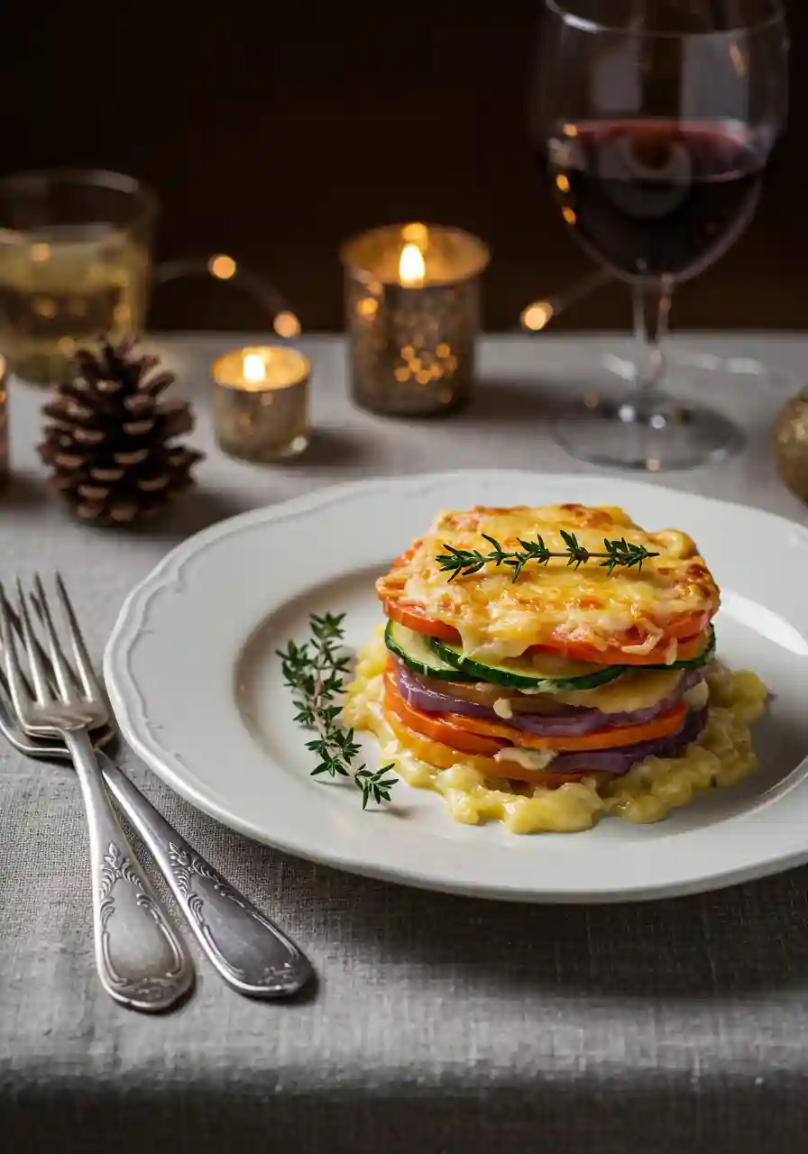 Root Vegetable Gratin Plated Portion of root vegetable gratin served on a plate with golden cheese and visible colorful layers.