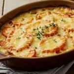 Root vegetable gratin in an oval baking dish topped with melted Gruyère and thyme.