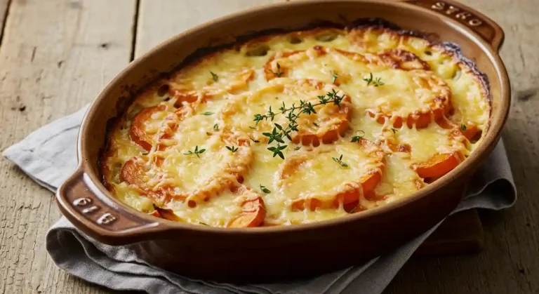 Root vegetable gratin in an oval baking dish topped with melted Gruyère and thyme.