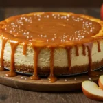 Whole salted caramel apple pie cheesecake with caramel dripping down the sides on a rustic wooden table.