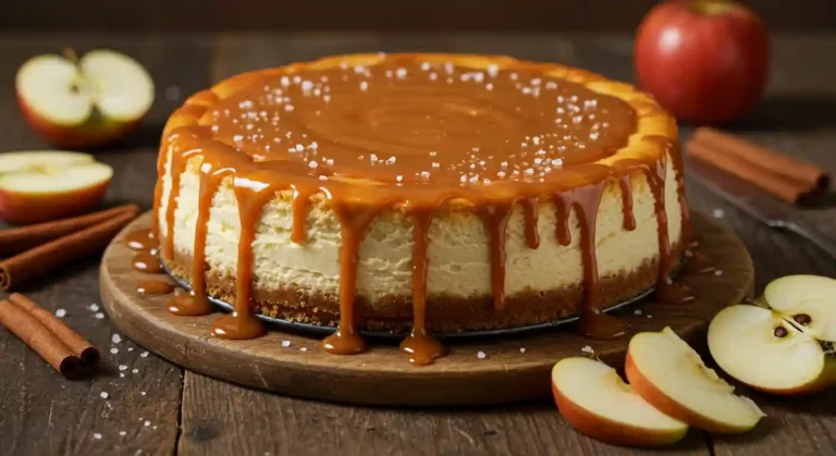 Whole salted caramel apple pie cheesecake with caramel dripping down the sides on a rustic wooden table.