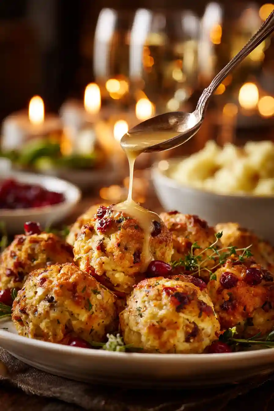 Serving Cranberry Turkey Stuffing Balls at Thanksgiving Cranberry turkey stuffing balls on a platter with gravy being poured over them at a Thanksgiving table.