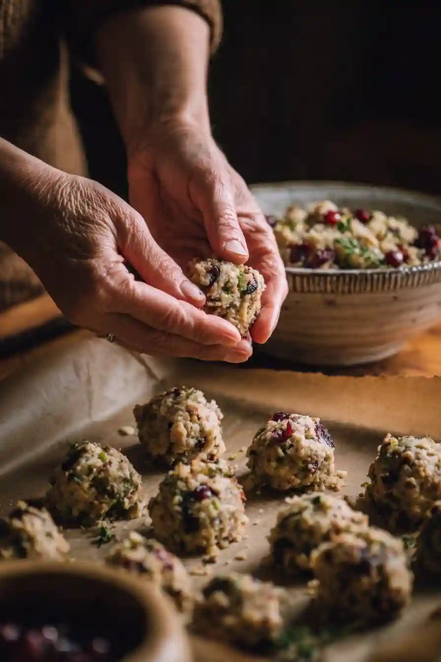 Shaping Cranberry Turkey Stuffing Balls for Baking Hands rolling cranberry turkey stuffing mixture into balls on a parchment-lined baking sheet.
