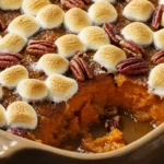 Southern Maple Sweet Potato Casserole topped with toasted marshmallows and pecans in a rustic baking dish.