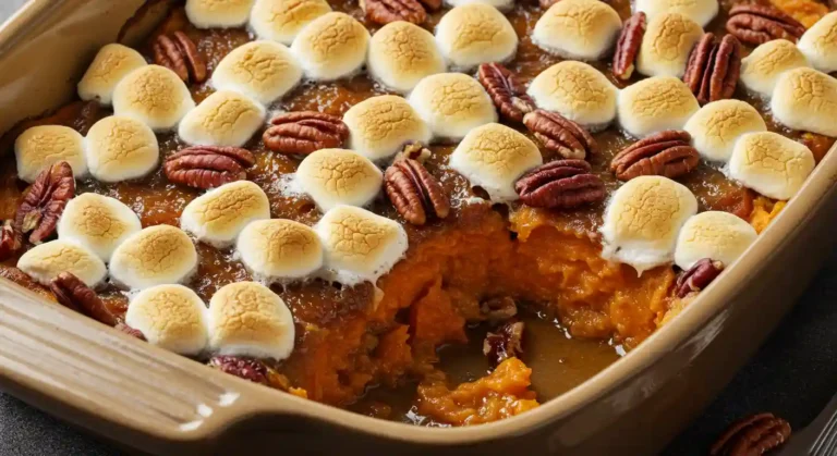 Southern Maple Sweet Potato Casserole topped with toasted marshmallows and pecans in a rustic baking dish.
