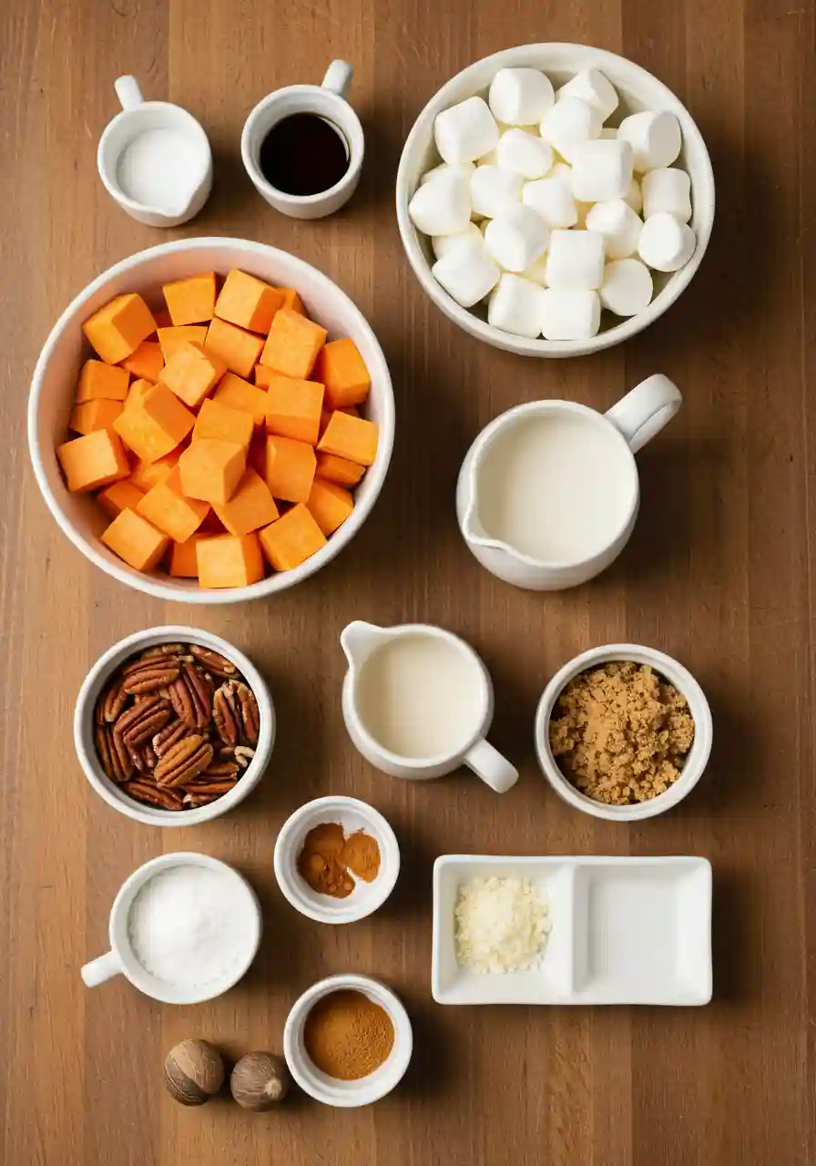 Southern Maple Sweet Potato Casserole Ingredients Flatlay Raw cubed sweet potatoes, marshmallows, pecans, maple syrup, butter, and spices arranged on a wooden table.