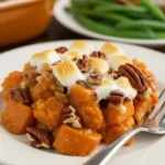 A serving of Southern Maple Sweet Potato Casserole with melted marshmallows and pecans on a white plate.A serving of Southern Maple Sweet Potato Casserole with melted marshmallows and pecans on a white plate.