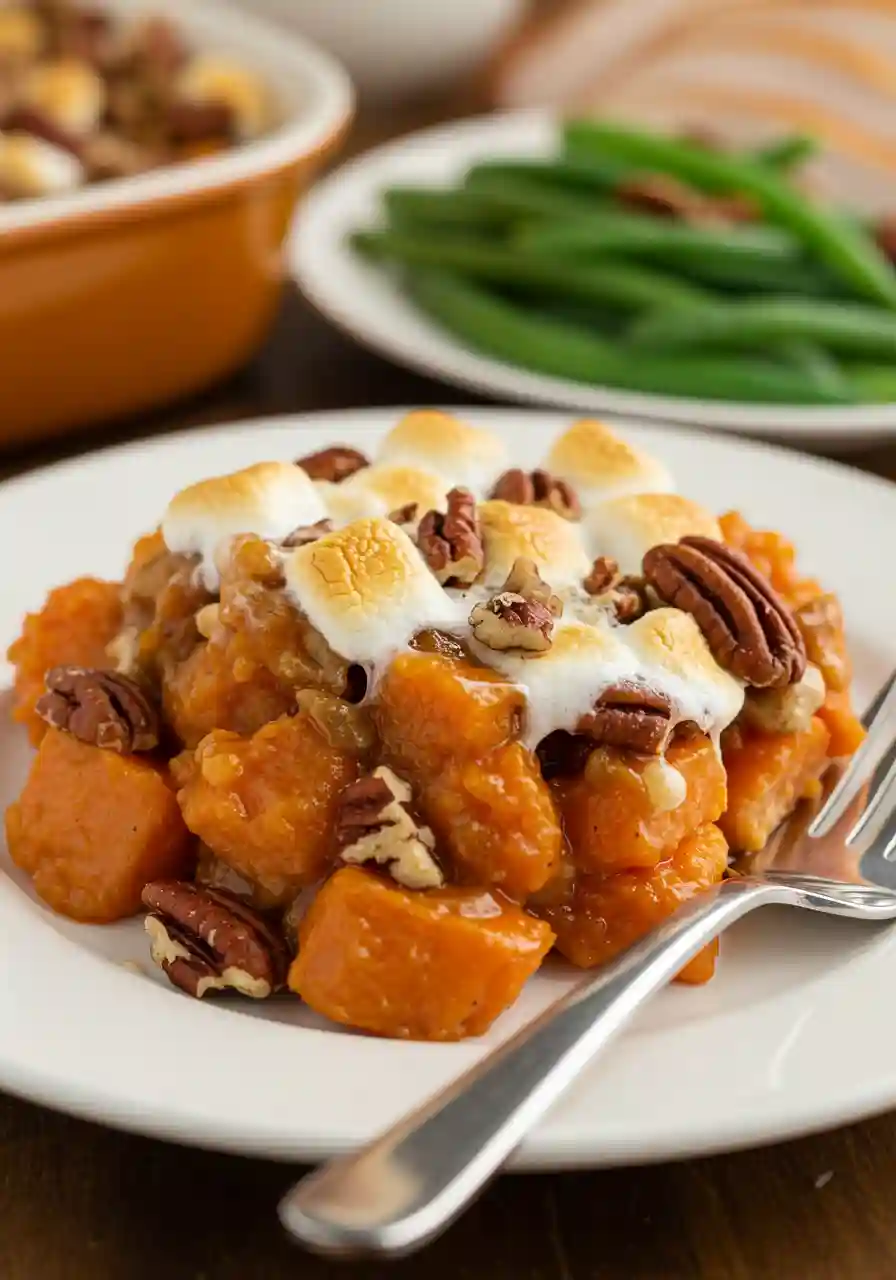Southern Maple Sweet Potato Casserole Plated A serving of Southern Maple Sweet Potato Casserole with melted marshmallows and pecans on a white plate.A serving of Southern Maple Sweet Potato Casserole with melted marshmallows and pecans on a white plate.