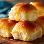 Fluffy Texas Roadhouse rolls stacked on a wooden board brushed with golden butter.