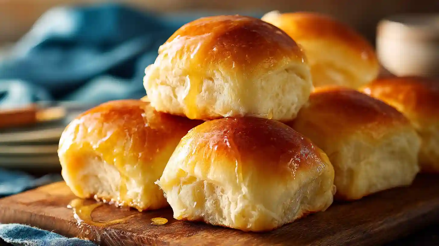 Fluffy Texas Roadhouse rolls stacked on a wooden board brushed with golden butter.
